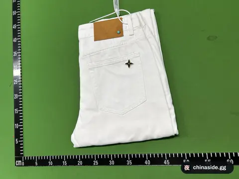 White Denim Jeans With Brown Patch And Plaid Detail